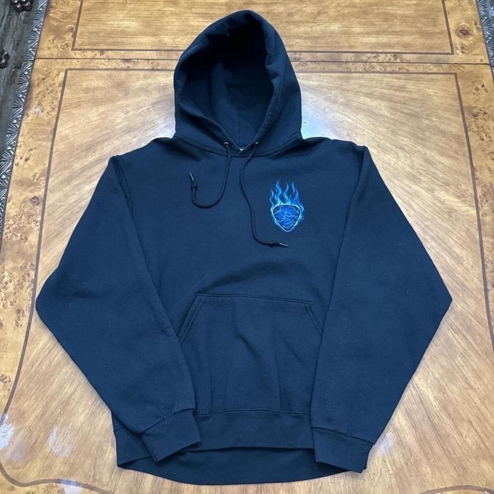 Jerzees Guitar Lightning Flames Blue Logo Pullover Hoodie Men's Medium